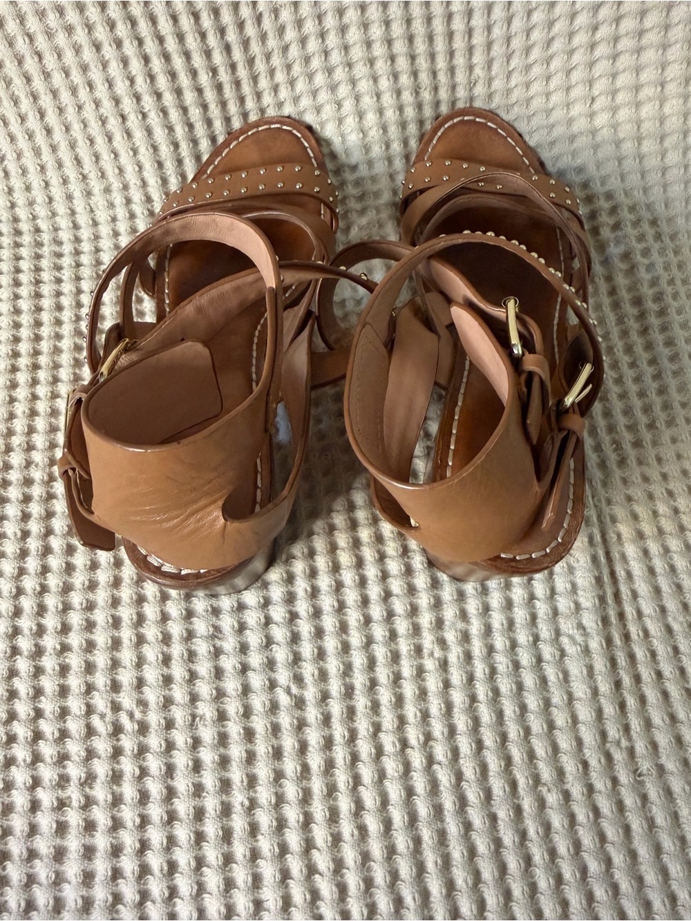 Sigerson Morrison Studded Leather Block Heel Sandals Tan Size 9B Designer Shoes - Picture 9 of 11